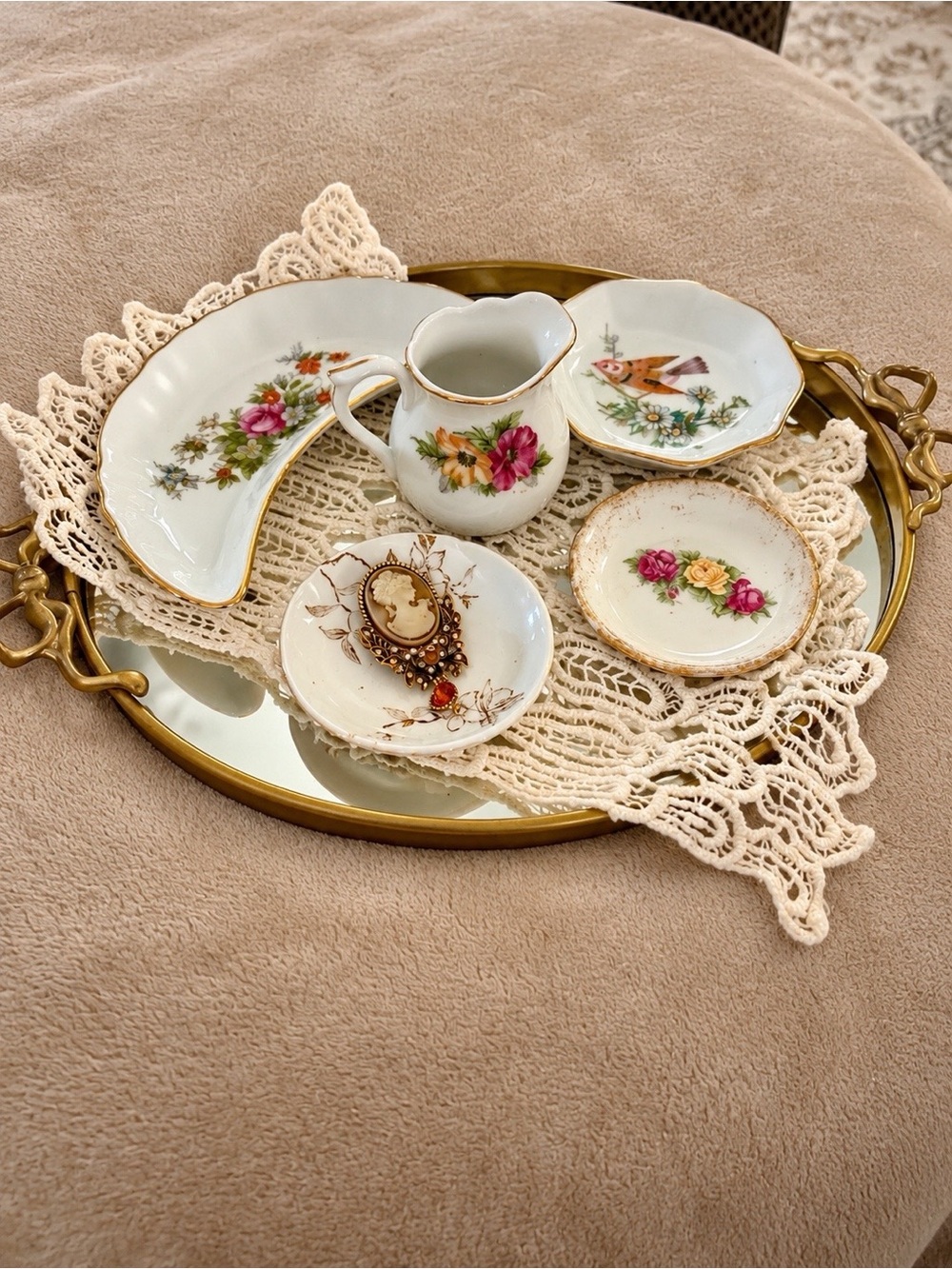 Vintage Floral Porcelain Condiment Set in Cream with Gold Trim.